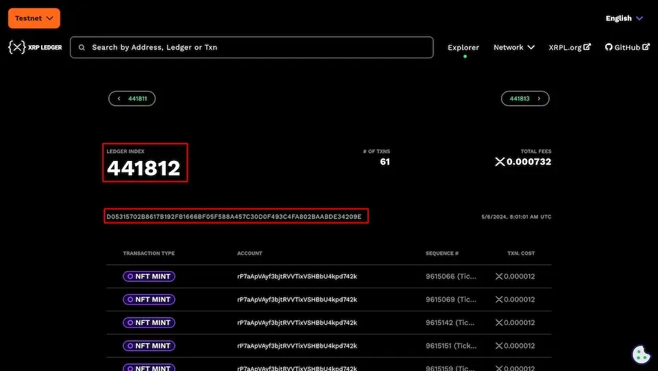 Details of XRPL's testnet ledger index number 441812.